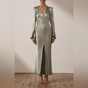 NWT Shona Joy La Lune Frill Cuff Bias Button Satin Midi Dress Sage AU 10 / US 6